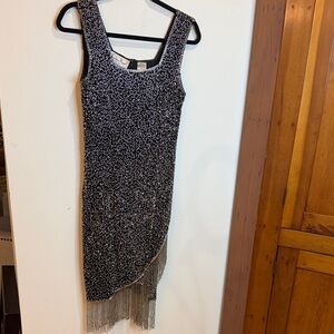 Vintage Laurence Kazar Black and Silver Beaded Asymmetrical Flapper Style Dress